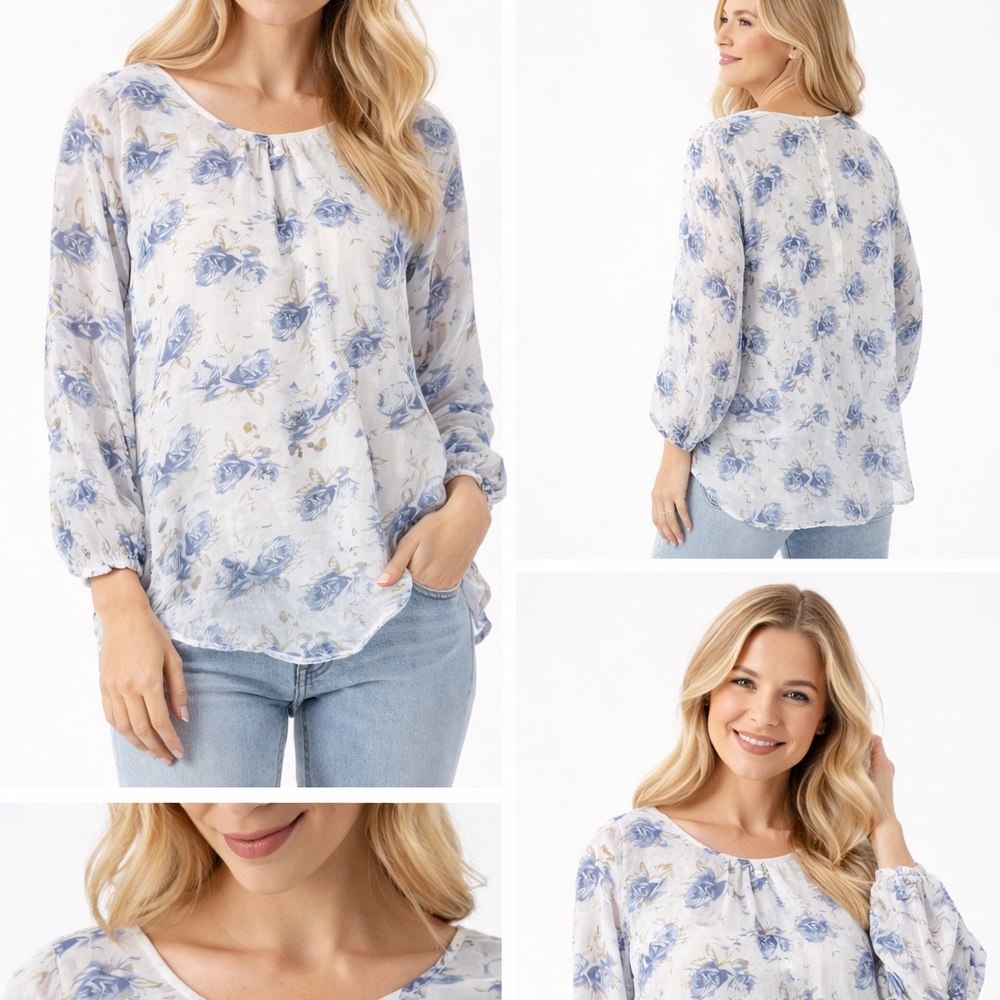 Elegant Floral Women's Blouse in Blue and White